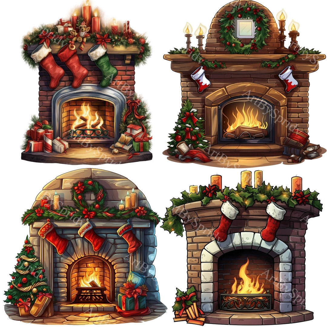 Festive Fireplace Clipart: Christmas Stockings & Hearth Decor ...
