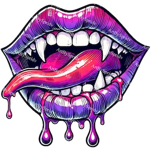 Vampire Lips Clipart | Dripping Fangs Transparent PNG | Gothic Digital Artwork for Halloween Crafts, Stickers, T-Shirts, DIY Craft Projects