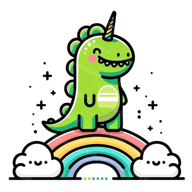 Dinosaur Unicorn Horn Rainbow Clipart - Unique Digital PNG for DTG Print T-Shirts, Mugs, Sublimation, Scrapbooking-Instant Download Clip Art