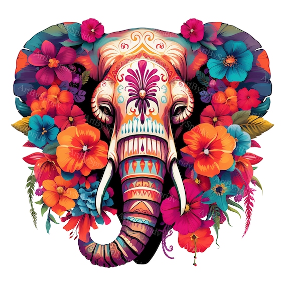 Colorful Floral Elephant Clipart Transparent PNG | Boho Elephant