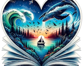 Puede incluir: Un libro abierto con una abertura en forma de corazón que revela una escena colorida de una ballena saltando fuera del agua, una ola rompiendo, un velero en un lago y un bosque. El cielo es un degradado de azul, morado y naranja con pájaros volando.