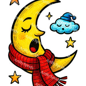 Cute Moon and Cloud PNG – Sleepy Cartoon Crescent in Red Scarf with Stars Transparent Clipart for Kids Nursery, Stickers & Digital Art, Tee