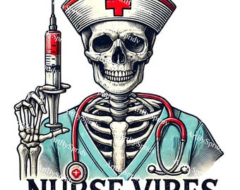 Enfermera esqueleto vintage PNG, vibraciones de enfermera para Halloween, arte de calavera de enfermera espeluznante, clipart médico espeluznante, descarga digital de enfermera gótica