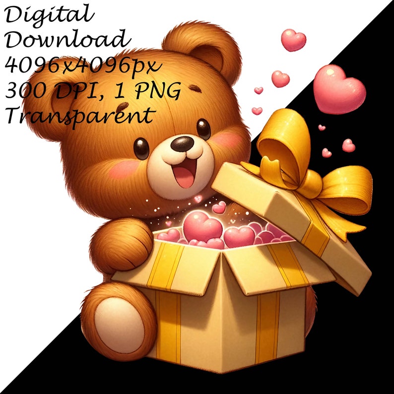 Valentine Teddy Bear Clipart With Heart & Gift Box - PNG for DTG, T ...
