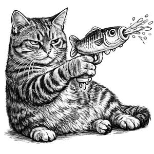 May include: A black and white illustration of a tabby cat holding a fish-shaped water gun. The cat has an intense expression, and water is spraying from the gun. The image is a humorous depiction of a cat.