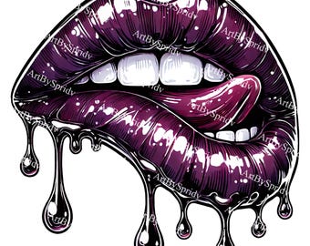 Lábios brilhantes pingando PNG, arte labial estética roxa, clipart de boca sexy, sublimação de batom gótico, download digital de lábios de clip art pop ousado