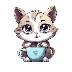 Adorable Cat Holding Coffee Cup PNG Clipart, Transparent Digital Download, Cute Kawaii Cat Art,  Perfect for Crafts,Stickers,DTG T-Shirt,Mug