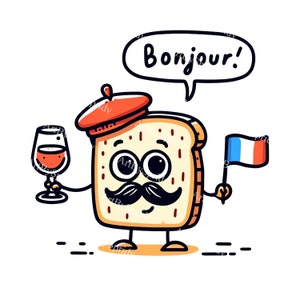 French Toast Download PNG Clipart,Cute Bread with Mustache,Beret,Wine Glass&French Flag|Bonjour Digital for DIY Craft,Invitation,Sublimation