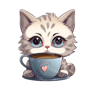 Kawaii Cat Holding Coffee Cup PNG Clipart, Cute Cartoon Kitten for DIY Crafts, T-Shirt, Mug Sublimation, Scrapbooking, Illustration, Gift