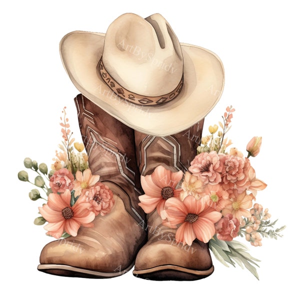 Watercolor Boho Cowgirl Boots, Hat And Flowers PNG Clipart - Western Printable T-Shirt, Mug Sublimation Vintage Clip Art - Wild West Rodeo