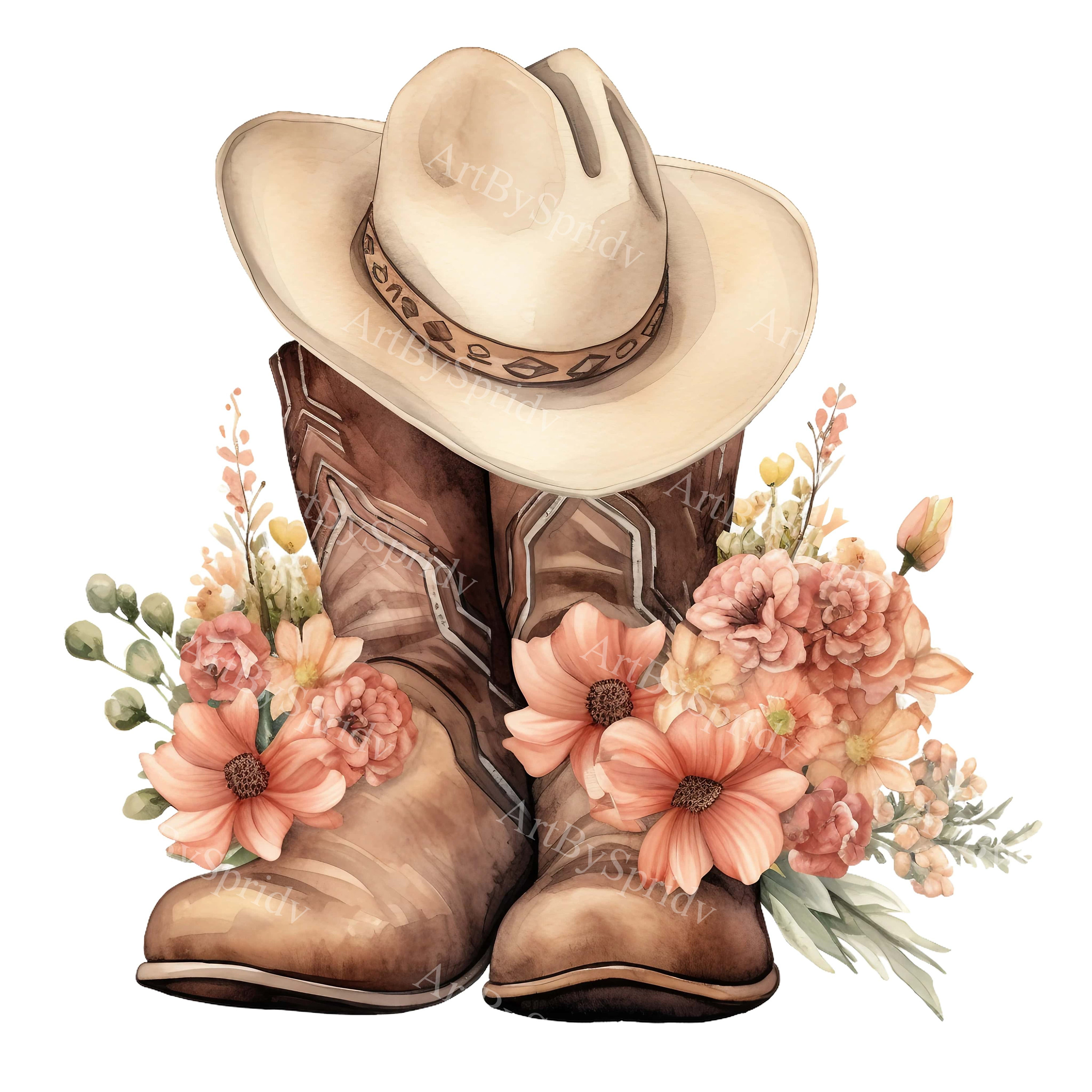 Watercolor Boho Cowgirl Boots, Hat And Flowers PNG Clipart Western  Printable T-Shirt, Mug Sublimation Vintage Clip Art Wild West Rodeo