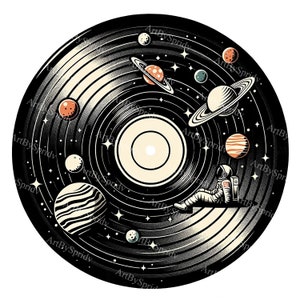 Imágenes prediseñadas del sistema solar de astronauta y disco de vinilo / Impresión digital de planetas espaciales / Arte PNG de sublimación cósmica / Gráfico imprimible del espacio exterior
