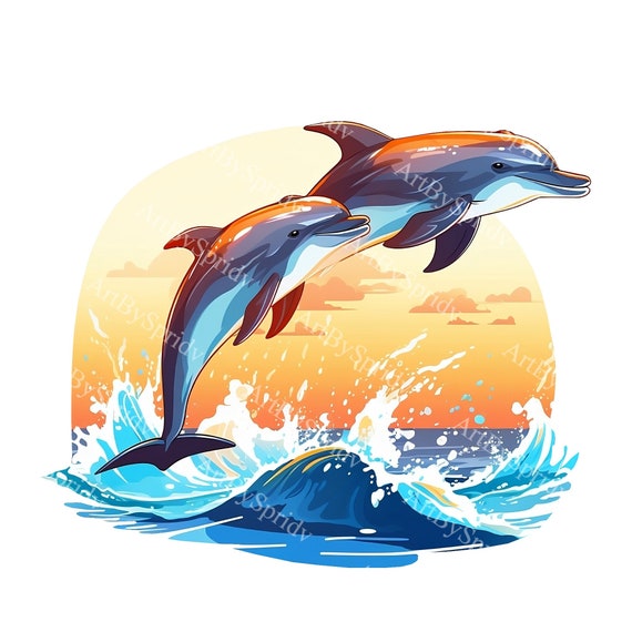 海から飛び出すイルカの PNG クリップアート、夕日の海の風景