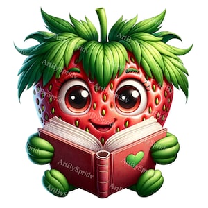 Adorable Strawberry Reading a Book Digital PNG Clipart - Perfect for Printable Sublimation Projects, School & Party | Download Scrapbooking
