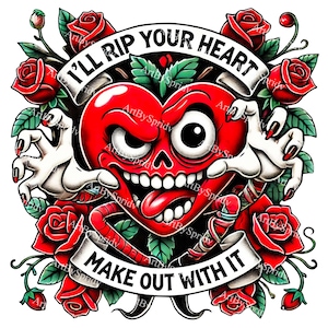 Dark Romantic Heart PNG Clipart, Mischievous Cartoon Heart with Roses & Gothic Text, Transparent Clip Art for DIY Crafts, DTG T-Shirt, Mug