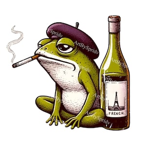 Fantazyjny Żaba Clipart z Beretem i Papierosem, Francuski Żaba Cyfrowe Pobieranie, Zabawna Paląca Żaba PNG, Artystyczna Żaba z Butelką Wina Ilustracja