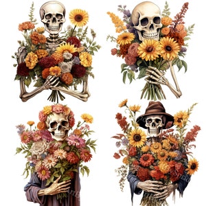 Nyckfullt skelett med blombukett PNG Clipart-paket | Halloween-dödskallar | Gotisk digital clipart-nedladdning | De dödas dag | Gör-det-själv-pyssel