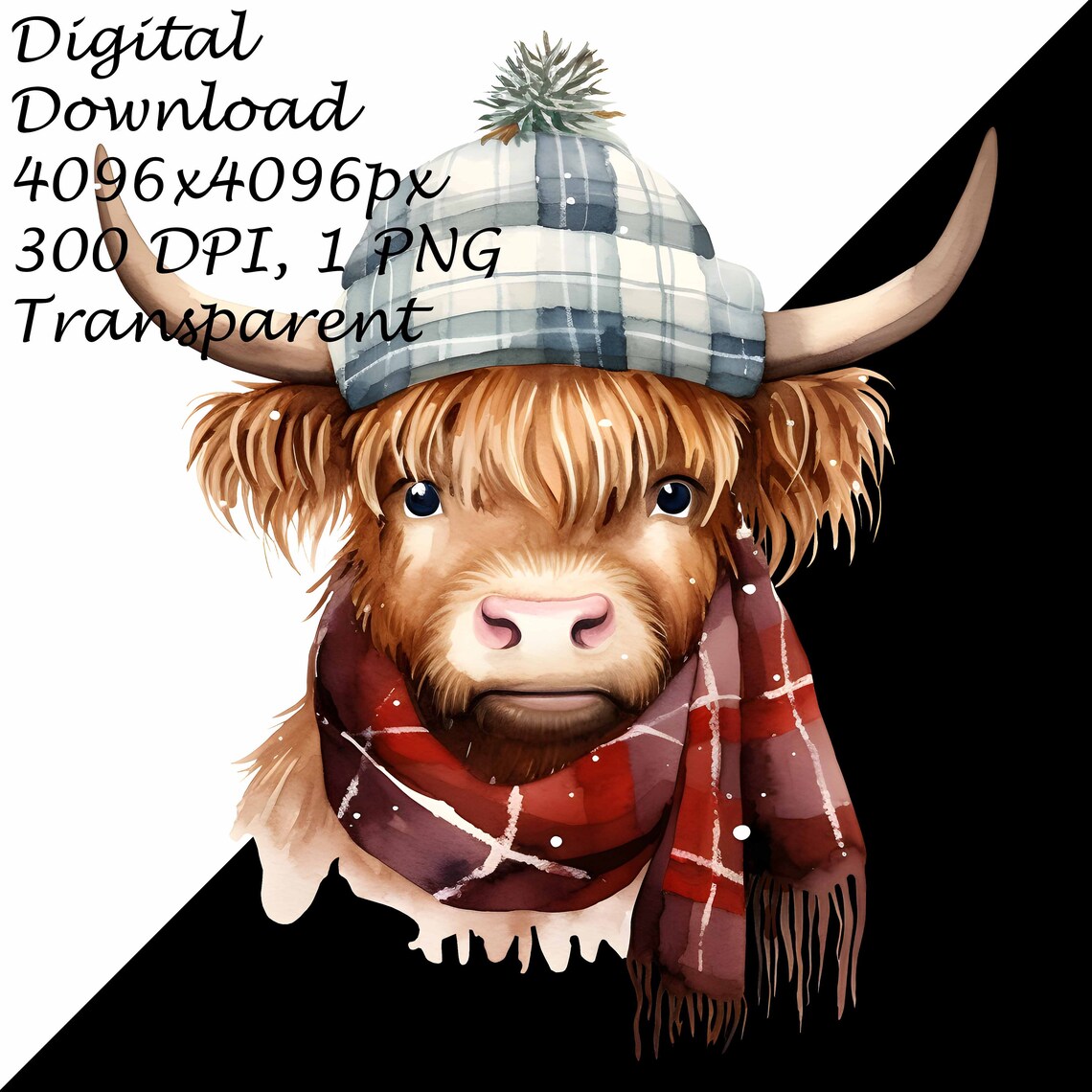 Watercolor Highland Cow Clipart PNG, Cozy Winter Cow With Plaid Scarf ...