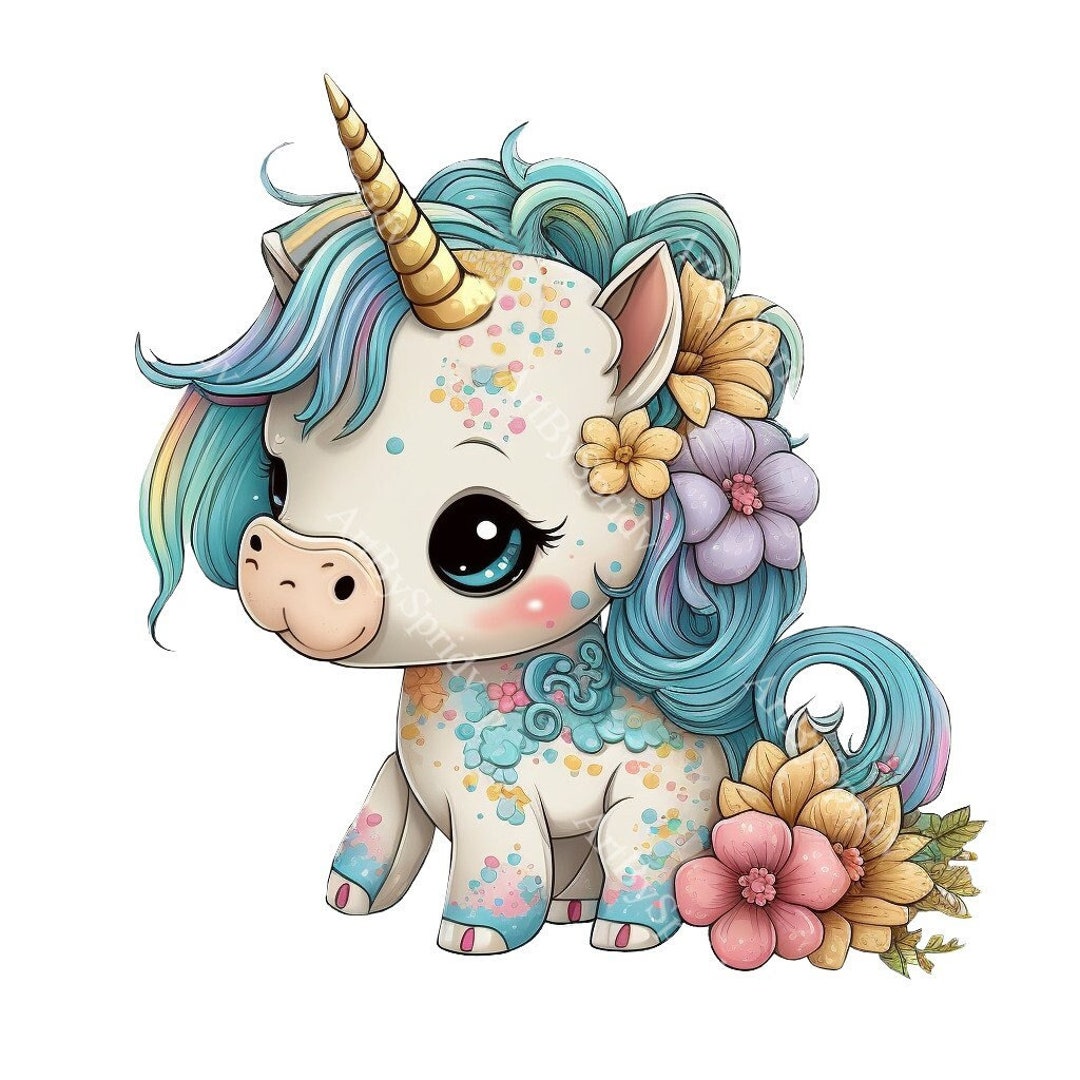 Cute Unicorn Floral PNG Transparent Animal Clipart (Instant Download ...