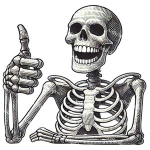 Esqueleto vintage con pulgares arriba PNG, clipart retro de Halloween para sublimación de camisetas, arte estilo tatuaje flash, pegatina de esqueleto, diseño de camiseta espeluznante