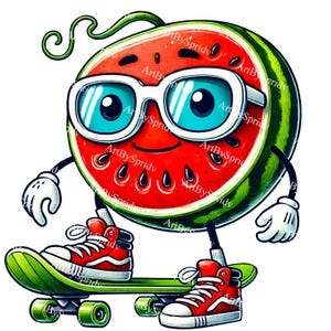Cool Watermelon Skateboarding Clipart, Cartoon Fruit PNG, Retro Kawaii Watermelon Illustration, Skateboarder Digital Artwork for DTG T-Shirt