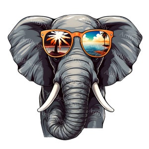 Cool Elephant PNG Clipart z okularami przeciwsłonecznymi, Letnia sztuka plażowa, Zabawna grafika zwierzęca do sublimacji, Projekt koszulki, Dekoracja imprezy, Dekoracja pokoju dziecięcego
