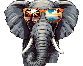 Cool Elephant PNG Clipart with Sunglasses,Summer Beach Art,Fun Animal Graphic for Sublimation,T-Shirt Design,Party Decor, Kids Room Decor