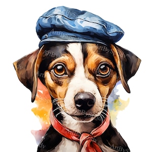Stylish Beagle with Hat Clipart, Watercolor Dog Illustration Transparent PNG, Adorable Animal Clip Art for DIY Crafts, Decor, T-Shirt, Mug