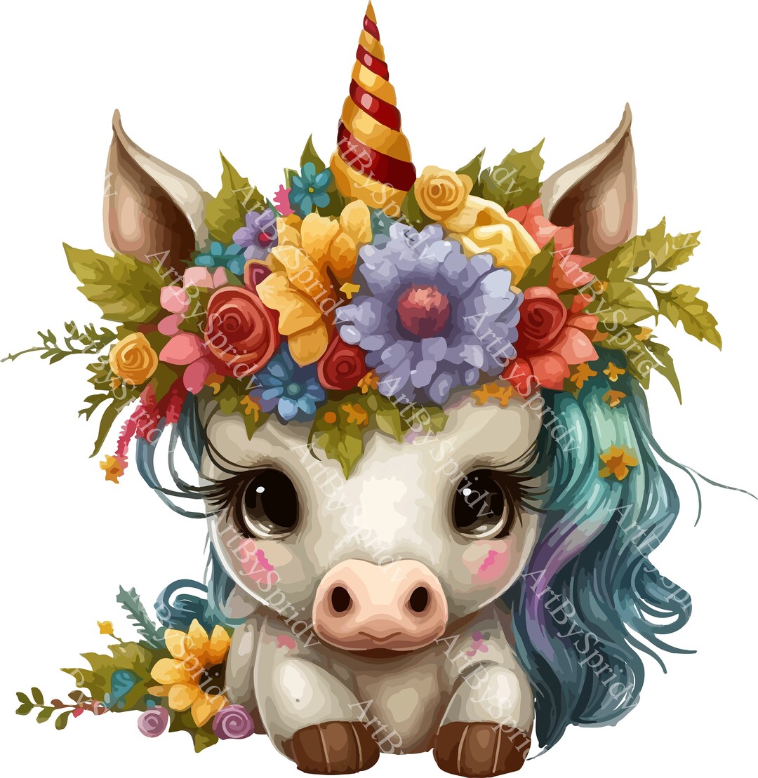Adorable Baby Unicorn Clipart With Floral Crown | Transparent PNG for ...