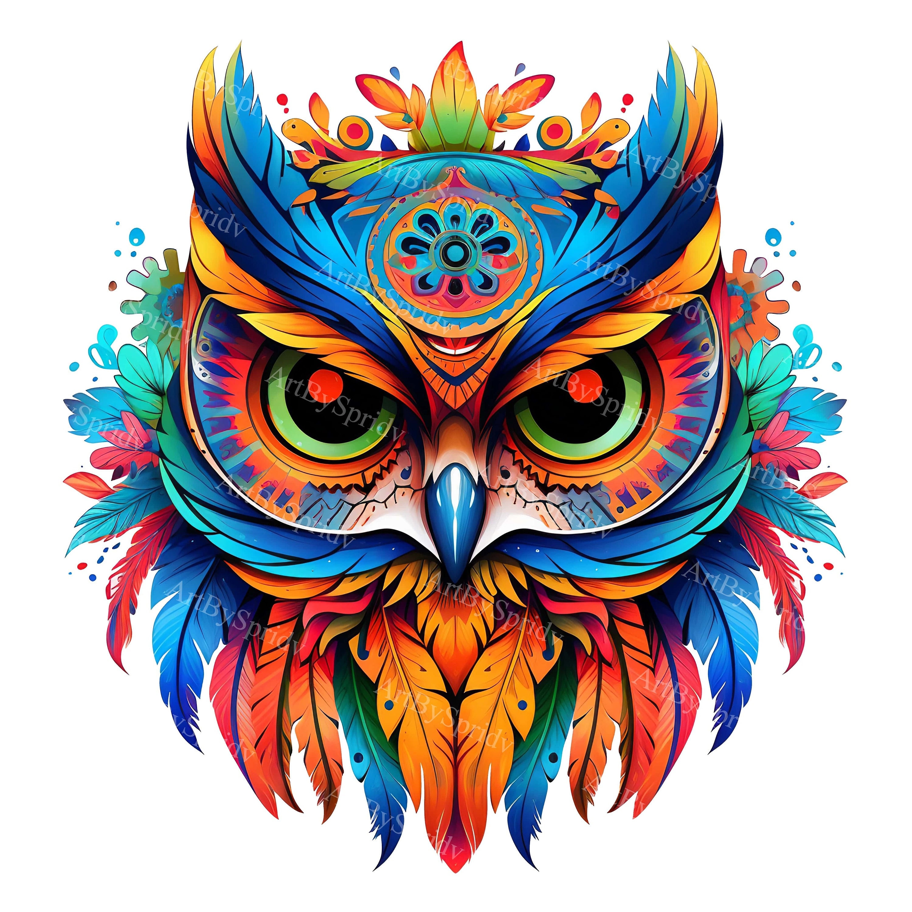 Sugar Skull Owl With Feathers-Dia de los Muertos Bohemian Floral,Transparent PNG Clipart-Printable S