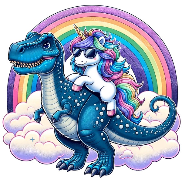 Unicorn Riding on T-Rex Clipart - Digital PNG for T-Shirt, Mug, Tumbler Sublimation & Scrapbooking - Cartoon Dinosaur, Rainbow,Clouds Design