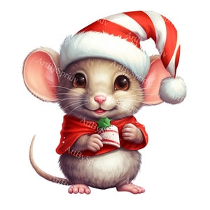Cute Mouse With Christmas Santa Hat Transparent PNG Clipart, Kid/Adult Cartoon Design, Printable Sublimation,Commercial Use, Animal Clip Art