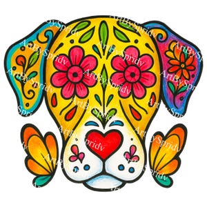 Sugar Skull Dog PNG Clipart | Day of the Dead Pet Art with Flowers & Heart Nose | Transparent Sublimation for Dia de los Muertos Crafts