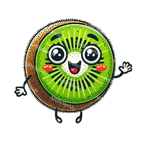 Adorable Kiwi Fruit Clipart - Cute Cartoon Character PNG, Kawaii Food Art, Digital Download, Kids Room Decor, Sticker Design, Scrapbooking
