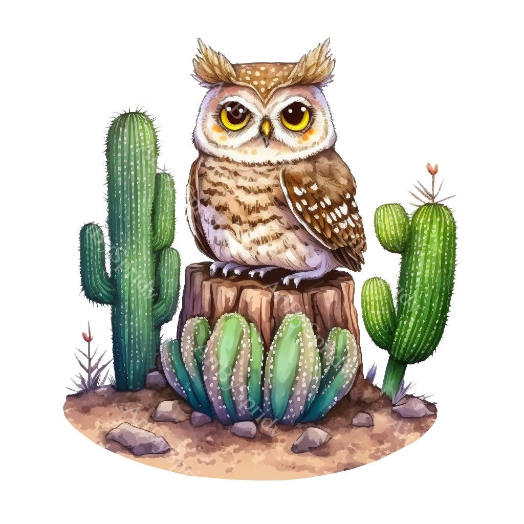 Desert Owl with Saguaro Cactus PNG Clipart, Cute Boho Illustration, Wildlife Digital Clip Art for T-