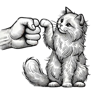 Vintage Cat Fist Bump PNG, Hand-Drawn Pet Lover Illustration, Retro Tattoo Style Clipart, Digital Download for Stickers, T-Shirts & Wall Art