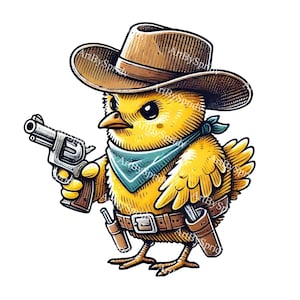 Cowboy Küken PNG Clipart mit Hut und Spielzeugpistole, lustiges Huhn Digital Download, Western Themen Clip Art für Karten, DIY Handwerk, Wohnkultur