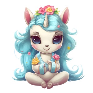 Cartoon Unicorn in Yoga Pose PNG Clipart, Whimsical Blue Hair & Flowers, Perfect Clip Art for DIY Crafts, T-Shirt,Nursery Decor,Scrapbooking