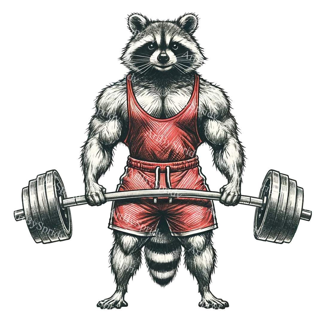 Muscle-bound Raccoon Weightlifter Digital Clipart | Fitness & Strength ...