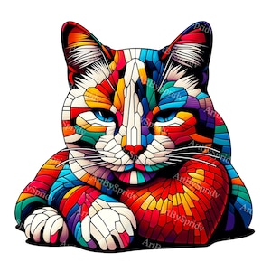 Puede incluir: Una ilustración de un gato de mosaico colorido sobre un fondo blanco. El gato está acostado con la cabeza apoyada en sus patas. El pelaje del gato está formado por muchos cuadrados y triángulos de diferentes colores.