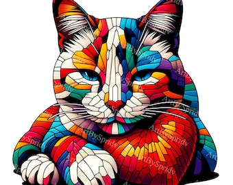 Clipart di gatto patchwork colorato - PNG trasparente per sublimazione stampabile e artigianato digitale fai da te, felino multicolore, clip art di design di gatto