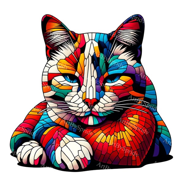 Colorful Patchwork Cat Clipart - Transparent  PNG for Printable Sublimation & Digital DIY Crafts, Multicolored Feline, Cat Design Clip Art