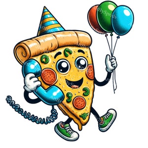 Grillige pizzapunt partij clipart met ballonnen en telefoon-gelukkige verjaardag pizza png, leuke viering digitale download voor uitnodigingen en decor