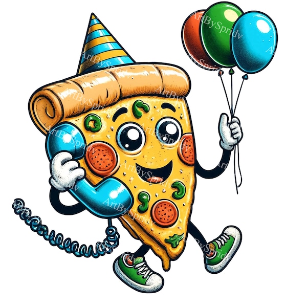 Whimsical Pizza Slice Party Clipart with Balloons and Phone-Happy Birthday Pizza PNG, Fun Celebration Digital Download for Invitations&Decor