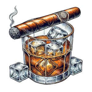 Elegant Whiskey & Cigar PNG Clipart - Transparent PNG for Sophisticated Projects, T-Shirt Sublimation, Bar Menus, Digital Clip Art Designs