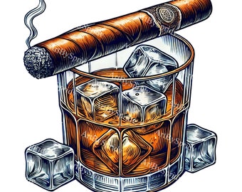 Elegant Whiskey & Cigar PNG Clipart - Transparent PNG for Sophisticated Projects, T-Shirt Sublimation, Bar Menus, Digital Clip Art Designs