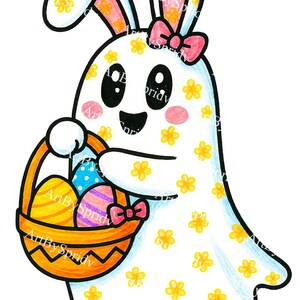 Puede incluir: Ilustración de un conejo fantasma de Pascua sosteniendo una cesta de huevos decorados. El fantasma blanco está adornado con flores amarillas y un lazo rosa. La cesta es naranja con un lazo rosa.