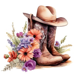 Watercolor Boho Cowgirl Boots, Hat And Flowers PNG Clipart - Western Printable T-Shirt, Mug Sublimation Vintage Clip Art - Wild West Rodeo