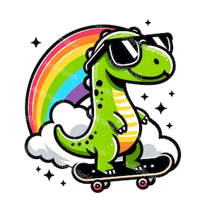 Skateboarding Dinosaur Clipart | Cool T-Rex with Sunglasses Digital PNG | Rainbow Skate Dino Sublimation | Kids Fashion Graphics DIY Craft