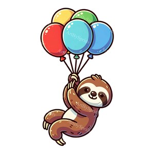 Cute Happy Sloth & Colorful Balloons Clipart - Digital PNG for DTG, T-Shirts, Mugs, Tumblers, Sublimation, Scrapbooking - Instant Download